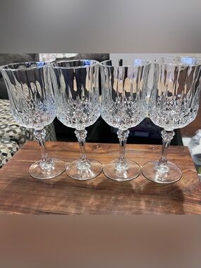Set of 4 Crystal Wine Goblets Cut Glass Faceted Stem Elegant Clear Glassware